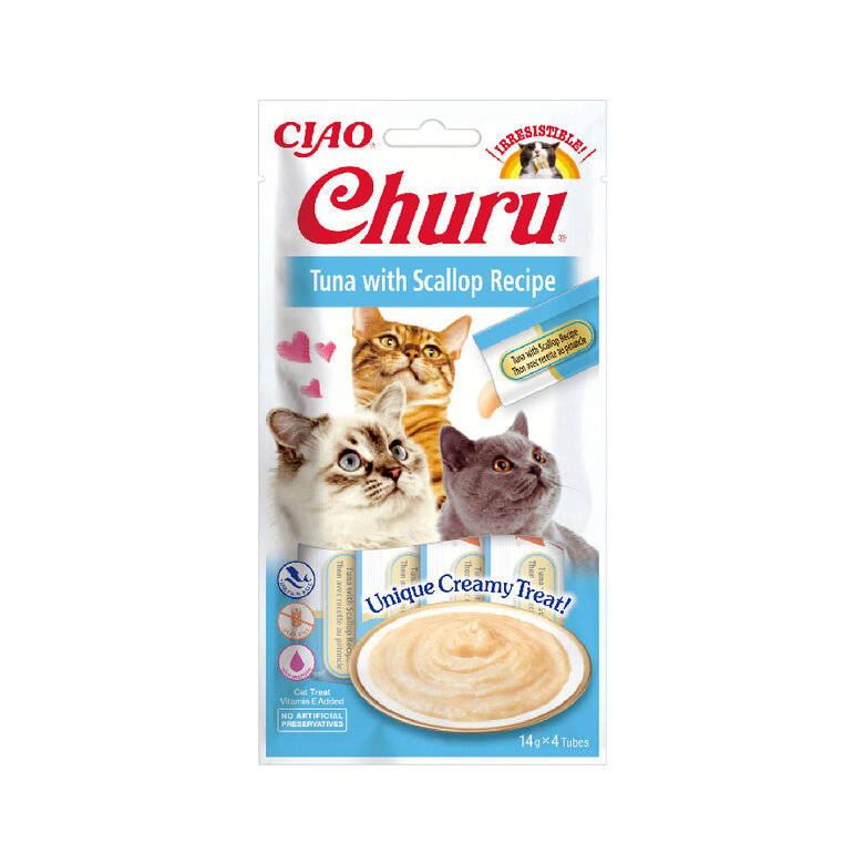 4 saquetas x 14 g Churu Snack Cremoso de Atum com Vieiras para gatos,  Imagem número 1 4 saquetas x 14 g Churu Snack Cremoso de Atum com Vieiras para gatos, , large Imagem número 1